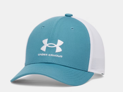Casquette UA Essential Mid - Under Armour bleu turquoise et blanche ajustable, vue de trois quarts avant.