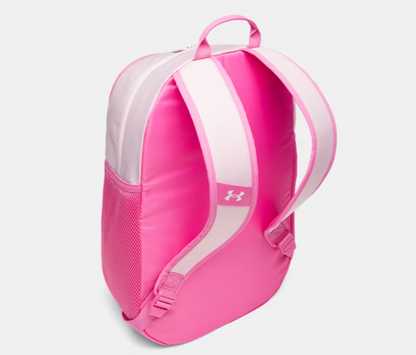 Sac à dos UA Hustle Sport 6.0 - Under Armour rose et blanc en matériau synthétique, vue de dos avec bretelles rembourrées et poche filet latérale.