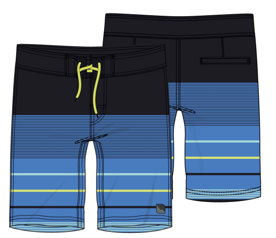 Maillot de bain - Northcoast short bleu et noir à rayures, cordon jaune, style garçon, vue avant et arrière, polyester et spandex