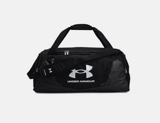 Sac sport - Under Armour noir en polyester, sac de sport avec logo blanc, vue de face, équipé d'une bandoulière ajustable.