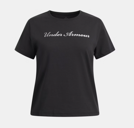 T-Shirt - Under Armour noir avec logo blanc imprimé devant, col rond, manches courtes, en coton, vue de face.