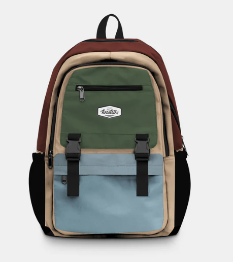 Sac à dos Colorblock 26L - Headster en nylon marron, beige, vert et bleu, style urbain, vue de face.