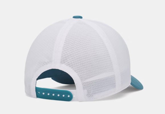 Casquette UA Essential Mid - Under Armour blanche en filet avec visière bleu, ajustable, vue de dos