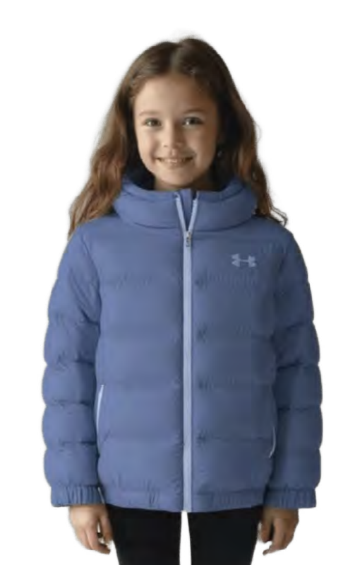 Manteau Mi-Saison - Under Armour bleu clair matelassé en tissu synthétique, pour enfant fille, vue de face porté avec capuche intégrée.