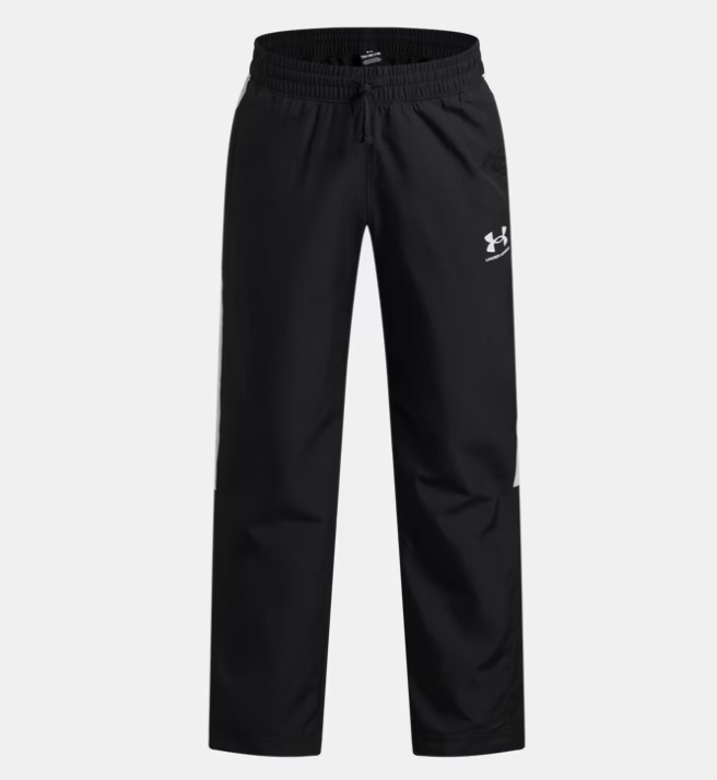 Pantalon UA Rival Woven - Under Armour noir en tissu tissé léger, taille élastique avec cordon, vue de face.