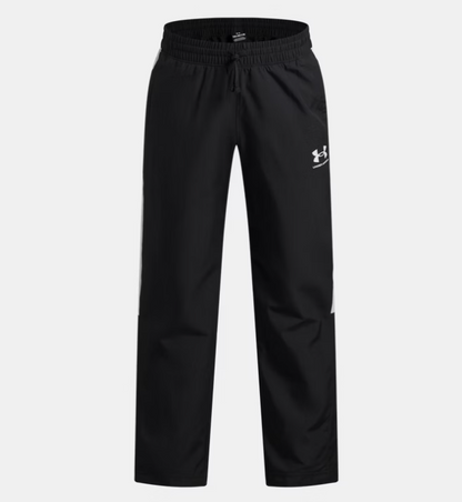 Pantalon UA Rival Woven - Under Armour noir en tissu tissé léger, taille élastique avec cordon, vue de face.