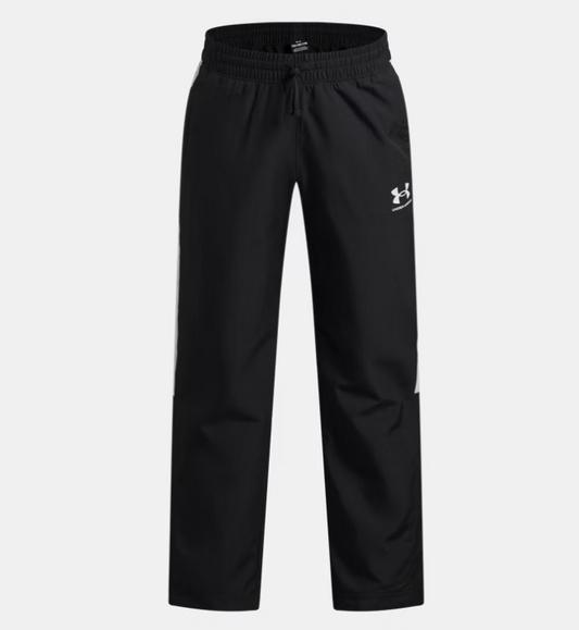 Pantalon UA Rival Woven - Under Armour noir en tissu tissé léger, taille élastique avec cordon, vue de face.