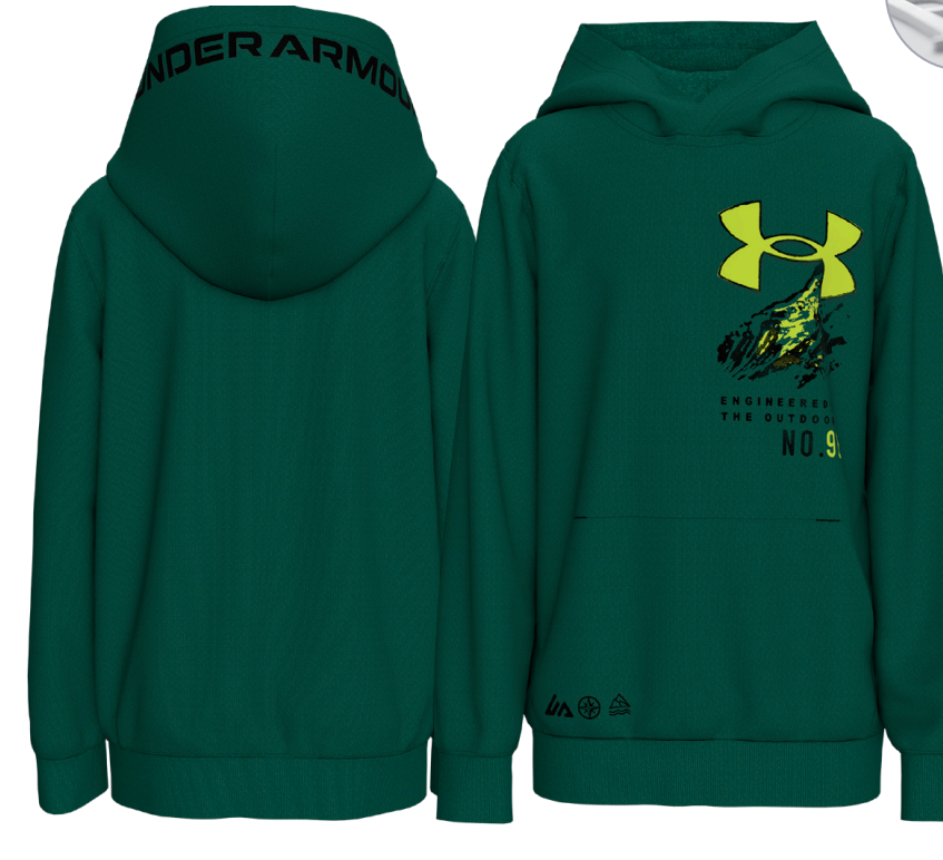 Hoodie - Under Armour vert foncé à capuche avec logo jaune et imprimé graphique noir, vue de face et dos, style sportif pour enfant.
