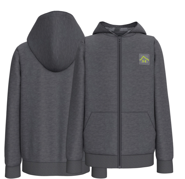 Veste - Under Armour grise à capuche en tissu polyester, pour enfant, vue de face et de dos avec fermeture zippée et poches avant.
