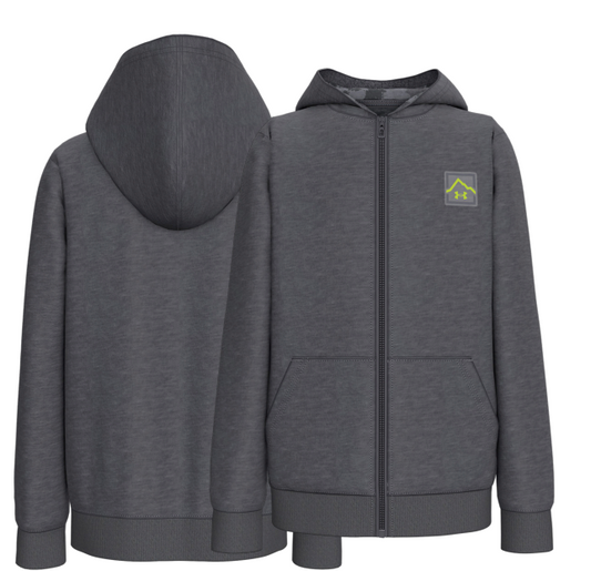 Veste - Under Armour grise à capuche en tissu polyester, pour enfant, vue de face et de dos avec fermeture zippée et poches avant.
