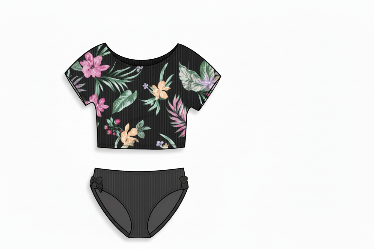 Maillot de bain - Mandarine & Co deux pièces noir à motifs floraux roses verts et jaunes, style crop top, vue de face enfant