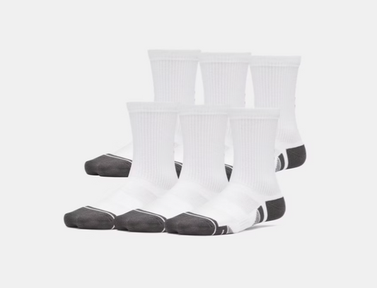 6 Paires de bas UA Performance Tech - Under Armour, chaussettes blanches avec bout et talon noirs, style sportif, vue de côté.