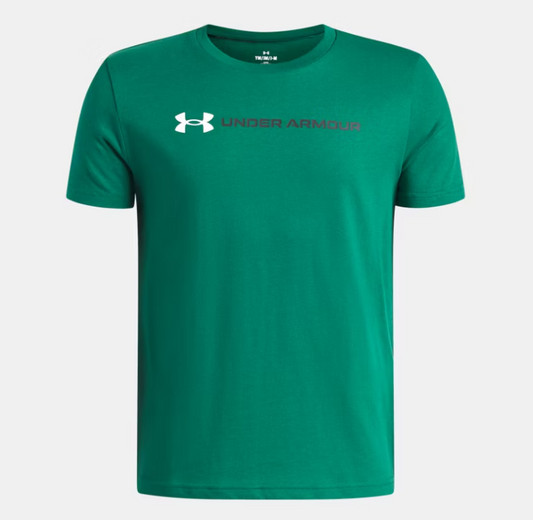 T-Shirt UA Logo Wordmark - Under Armour vert en coton, style décontracté à manches courtes, vue de face.
