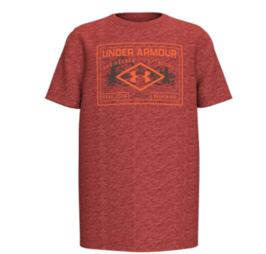 T-Shirt - Under Armour rouge chiné avec imprimé orange et noir graphique, en coton, pour enfant, vue de face.