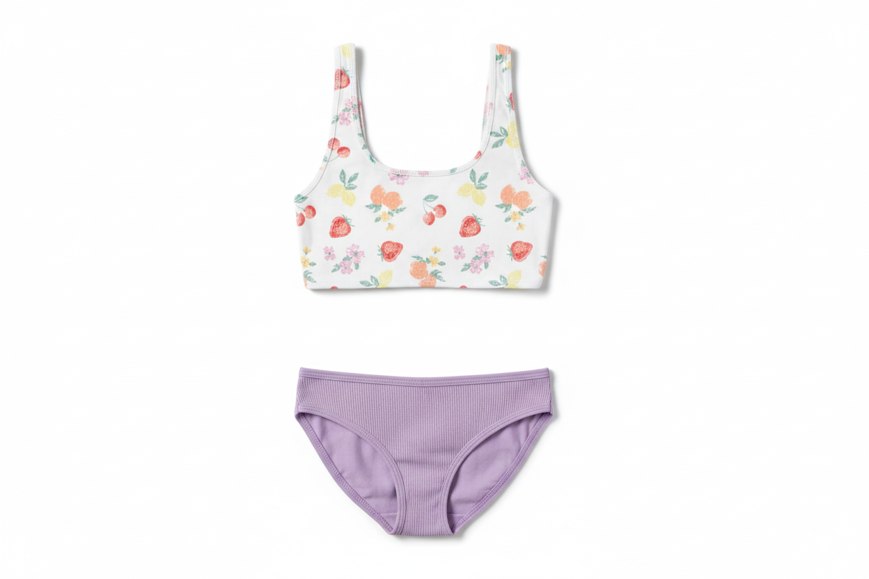 Maillot de bain - Mandarine & Co brassière blanche à motifs fruits multicolores et culotte violette côtelée, vue de face enfant