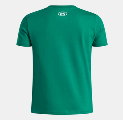 T-Shirt UA Logo Wordmark - Under Armour vert émeraude uni en coton, vue de dos avec logo blanc au col, style classique manches courtes.