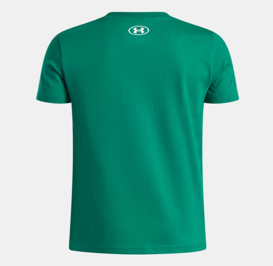 T-Shirt UA Logo Wordmark - Under Armour vert émeraude uni en coton, vue de dos avec logo blanc au col, style classique manches courtes.