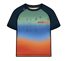 T-Shirt - Nanö manches raglan bleu marine avec dégradé vert, bleu et orange, imprimé palmiers, pour enfant, vue de face