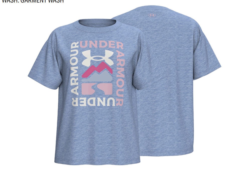 T-Shirt - Under Armour bleu clair chiné en coton, motifs roses et blancs sur le devant, coupe droite, vue de face et dos.