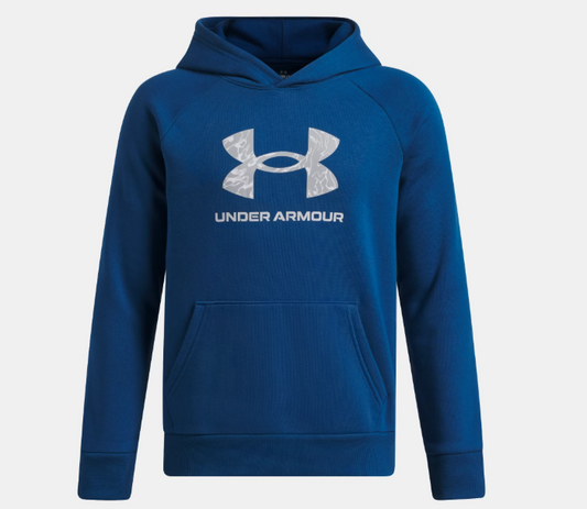 Hoodie UA Rival Fleece - Under Armour bleu marine à capuche en coton polyester, pour enfant, vue de face sur fond blanc.