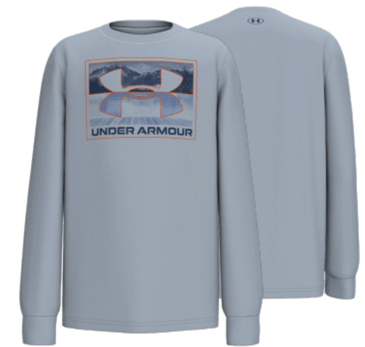Chandail - Under Armour bleu clair en tissu technique, manches longues, logo imprimé sur la poitrine, vue de face et dos.