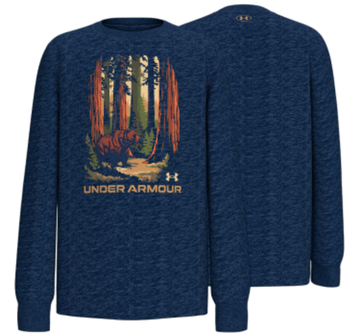 Chandail - Under Armour bleu marine en coton mélangé avec motif ours dans la forêt en tons marron et vert, vue de face et dos.