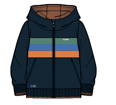 Veste - Nanö enfant bleu marine avec bandes horizontales vert, bleu et orange, capuche doublée marron, vue de face sur mannequin.