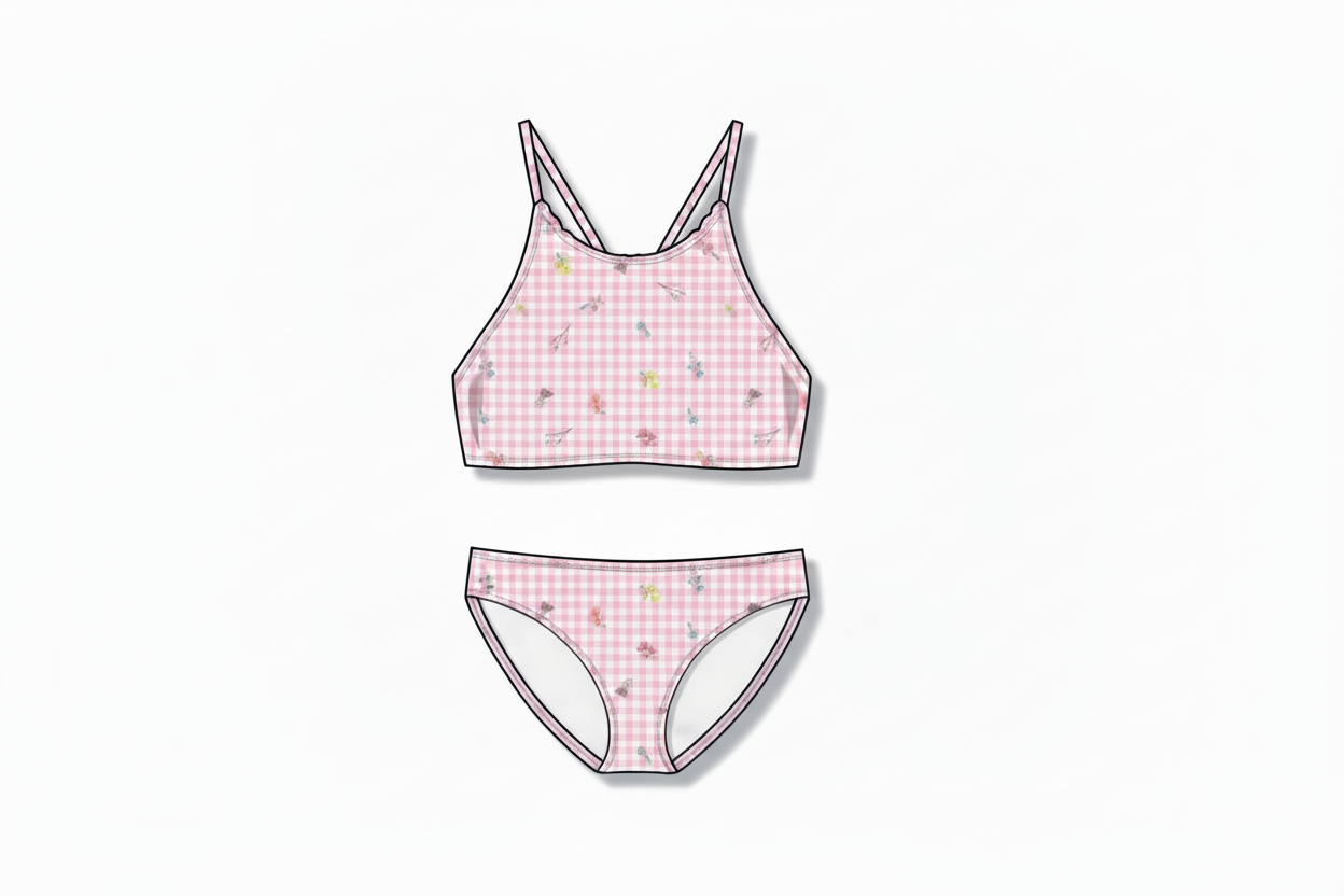 Maillot de bain - Mandarine & Co enfant en deux pièces rose à carreaux avec motifs papillons, vue de face et dos, polyester et spandex