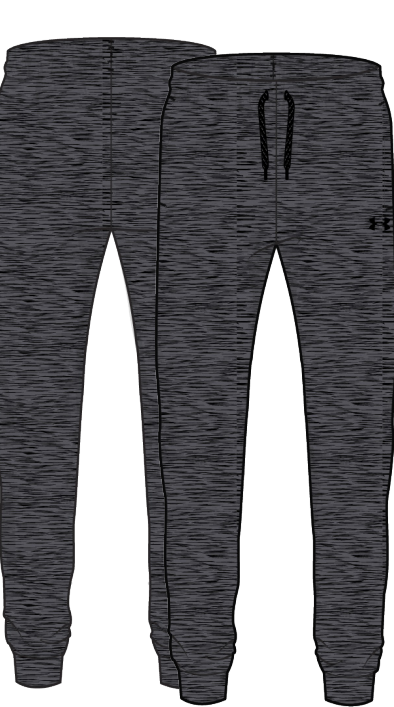 Pantalon - Under Armour gris anthracite chiné en tissu technique avec cordon de serrage, style jogging, vue de face et de dos.