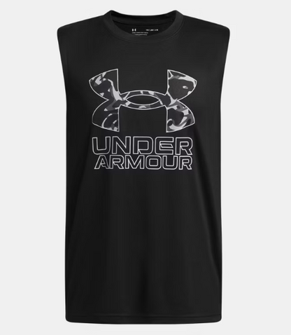 Camisole UA Tech™ Hybrid Print - Under Armour noire en polyester avec logo camo gris, vue de face, modèle homme adulte.