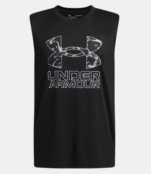 Camisole UA Tech™ Hybrid Print - Under Armour noire en polyester avec logo camo gris, vue de face, modèle homme adulte.