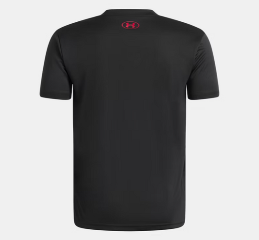 T-Shirt UA Tech™ Graphic - Under Armour noir avec logo rouge au col, tissu technique léger, vue de dos.
