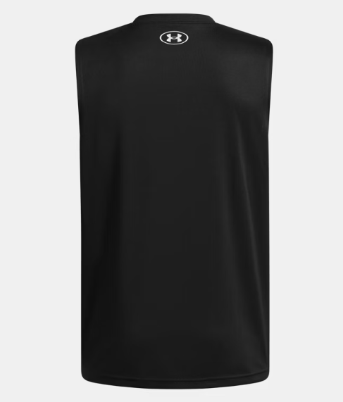 Camisole UA Tech™ Hybrid Print - Under Armour noire en polyester, sans manches, vue de dos avec logo blanc au col