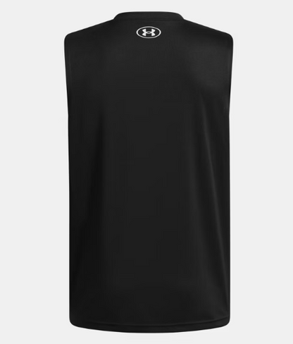 Camisole UA Tech™ Hybrid Print - Under Armour noire en polyester, sans manches, vue de dos avec logo blanc au col