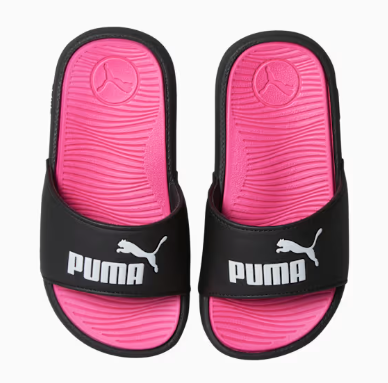 Sandales Cool Cat 2.0 - Puma noir et rose vif, style mule, semelle texturée, pour enfant, vue de dessus.