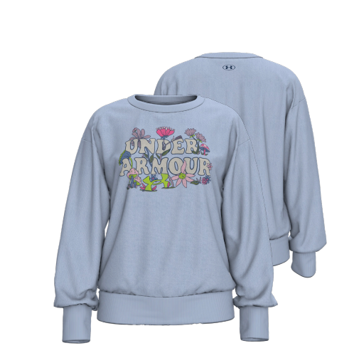 Chandail - Under Armour bleu clair en molleton doux avec logo floral multicolore devant, manches longues et col rond, vue de face et de dos.
