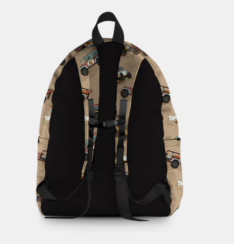Sac à dos Kick Off 20L - Headster beige à motifs véhicules multicolores, dos et bretelles noires, vue de dos, enfant.