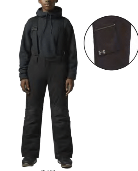 Pantalon de neige - Under Armour noir en tissu technique imperméable et isolant, coupe droite, porté par mannequin adulte, vue de face avec détail de la poche.