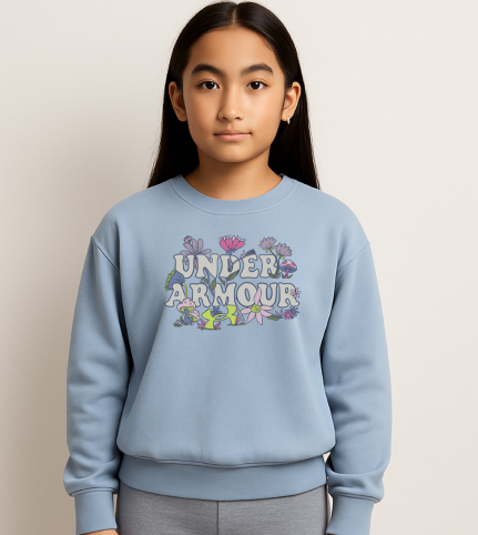 Chandail - Under Armour bleu clair en coton avec logo fleuri violet, rose et jaune, style décontracté pour enfant fille, vue de face portée