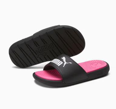 Sandales Cool Cat 2.0 - Puma noir et rose pour enfant, style mule, semelle caoutchouc, vue de profil et dessous.
