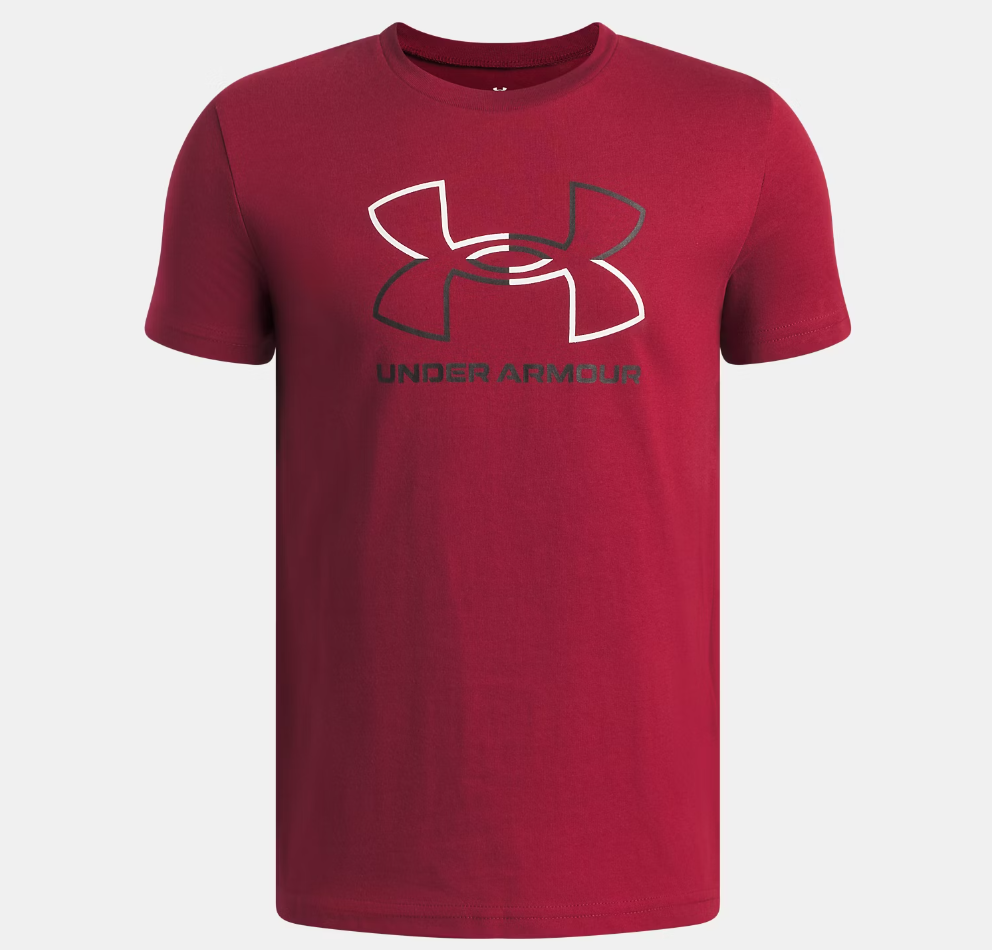 T-Shirt GL Foundation - Under Armour rouge bordeaux en coton, manches courtes, logo contrastant noir et blanc, vue de face.