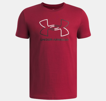 T-Shirt GL Foundation - Under Armour rouge bordeaux en coton, manches courtes, logo contrastant noir et blanc, vue de face.
