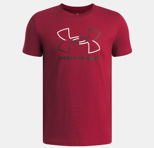 T-Shirt GL Foundation - Under Armour rouge bordeaux en coton, manches courtes, logo contrastant noir et blanc, vue de face.