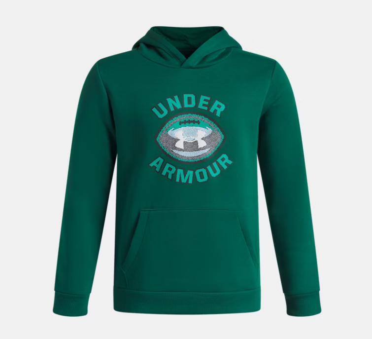 Hoodie UA Rival Fleece FB Graphic - Under Armour vert foncé en molleton avec capuche, poche kangourou et logo football devant, vue de face.