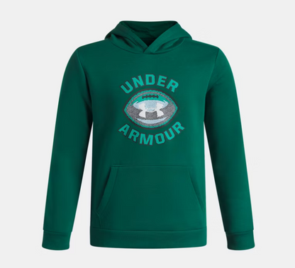 Hoodie UA Rival Fleece FB Graphic - Under Armour vert foncé en molleton avec capuche, poche kangourou et logo football devant, vue de face.