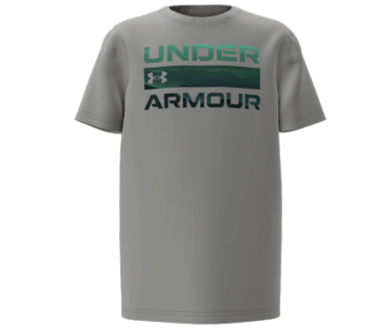 T-Shirt - Under Armour gris avec logo vert et noir imprimé sur le devant, manches courtes, vue de face, style décontracté pour enfant.