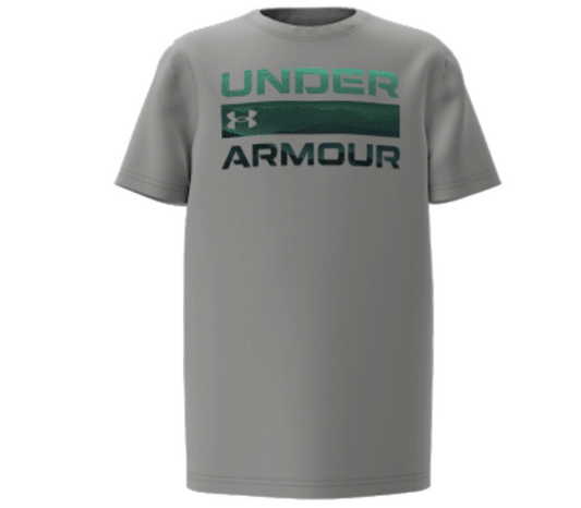 T-Shirt - Under Armour gris avec logo vert et noir imprimé sur le devant, manches courtes, vue de face, style décontracté pour enfant.