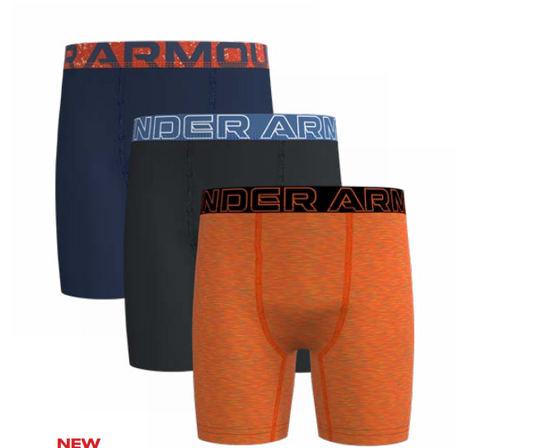 3 Paires de boxers - Under Armour en couleurs bleu marine, noir et orange chiné, style sportif, vue de face.