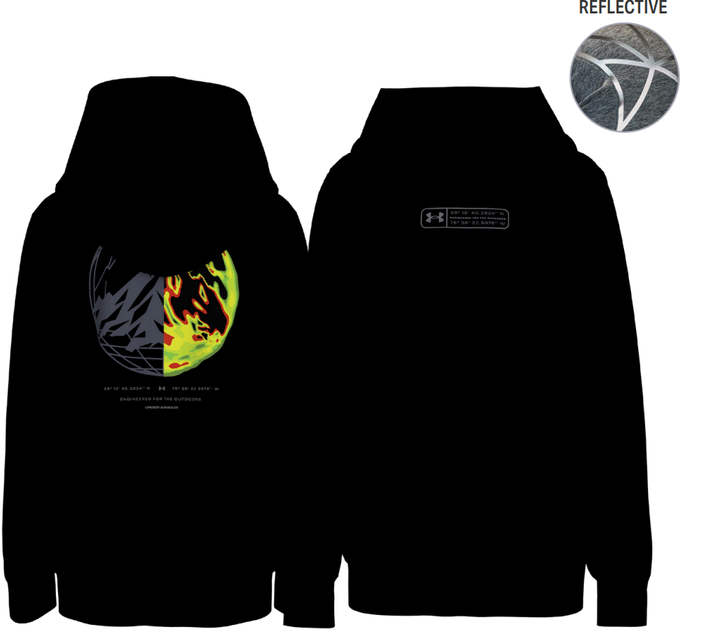 Hoodie - Under Armour noir avec capuche, motifs graphiques jaunes et rouges au dos, détail réfléchissant sur le devant, vue de face et dos.