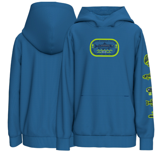 Hoodie - Under Armour bleu avec imprimés de poissons jaunes, à capuche, tissus doux, pour enfant, vues de face et dos.